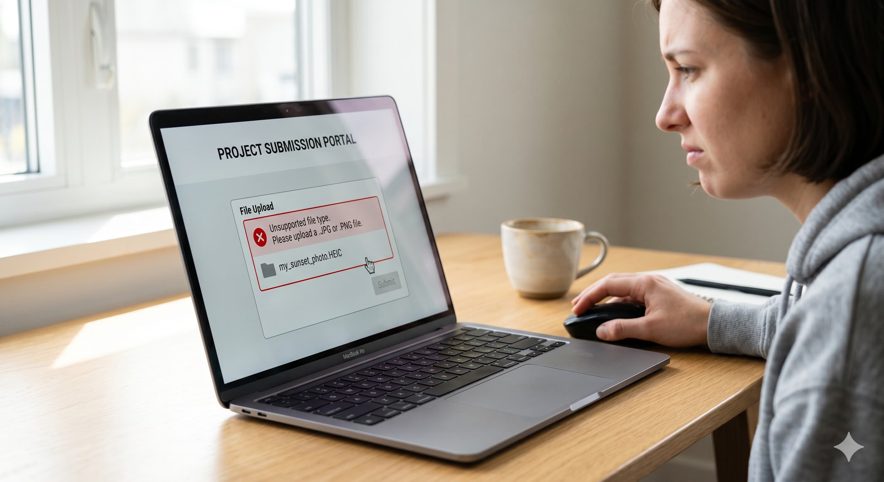 An Web portal rejecting an iPhone photo upload with a 'file type not supported' error because the image was saved in HEIC format instead of JPG.